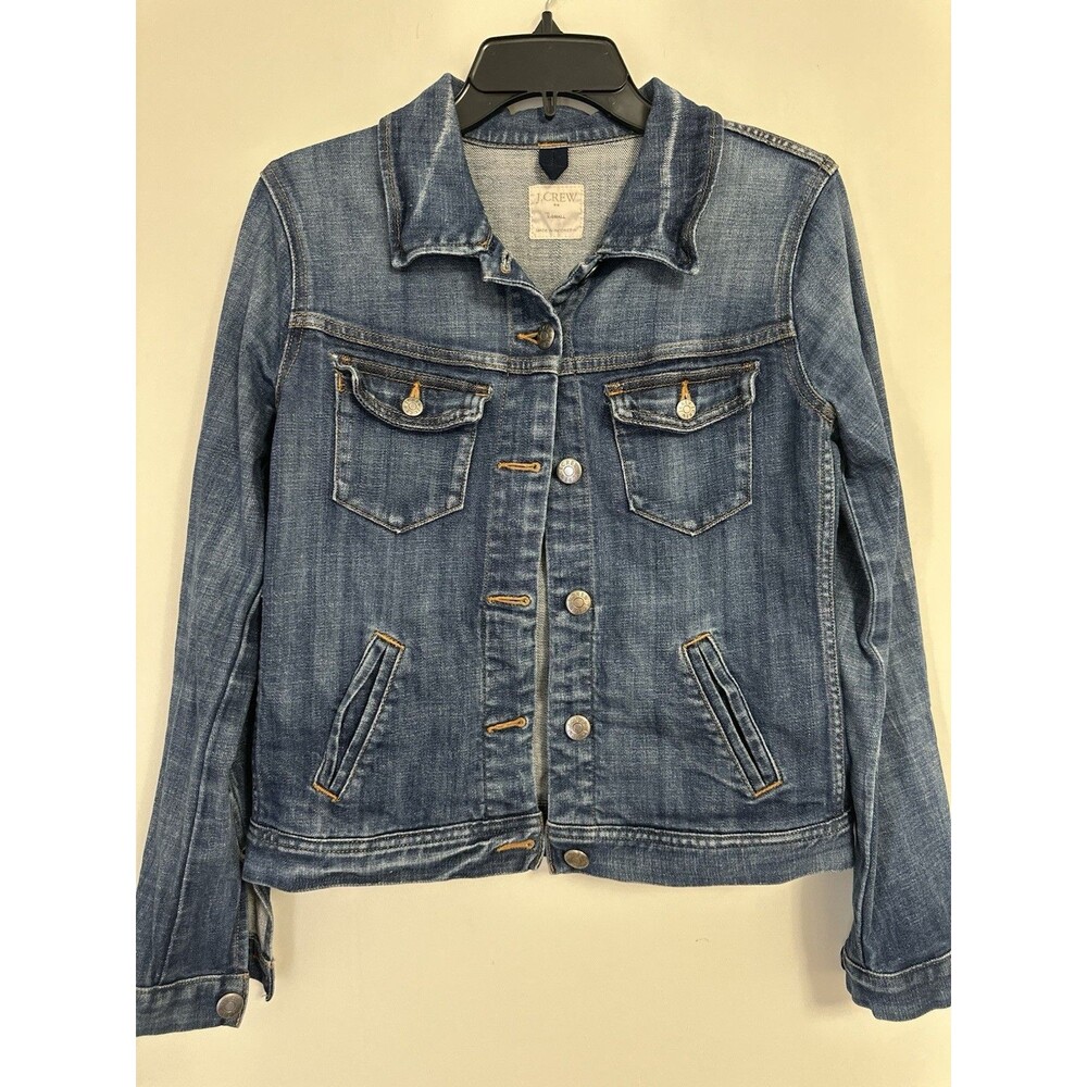 J Crew Jacket Womens XSmall Blue Denim Trucker Button Up Distressed Denim